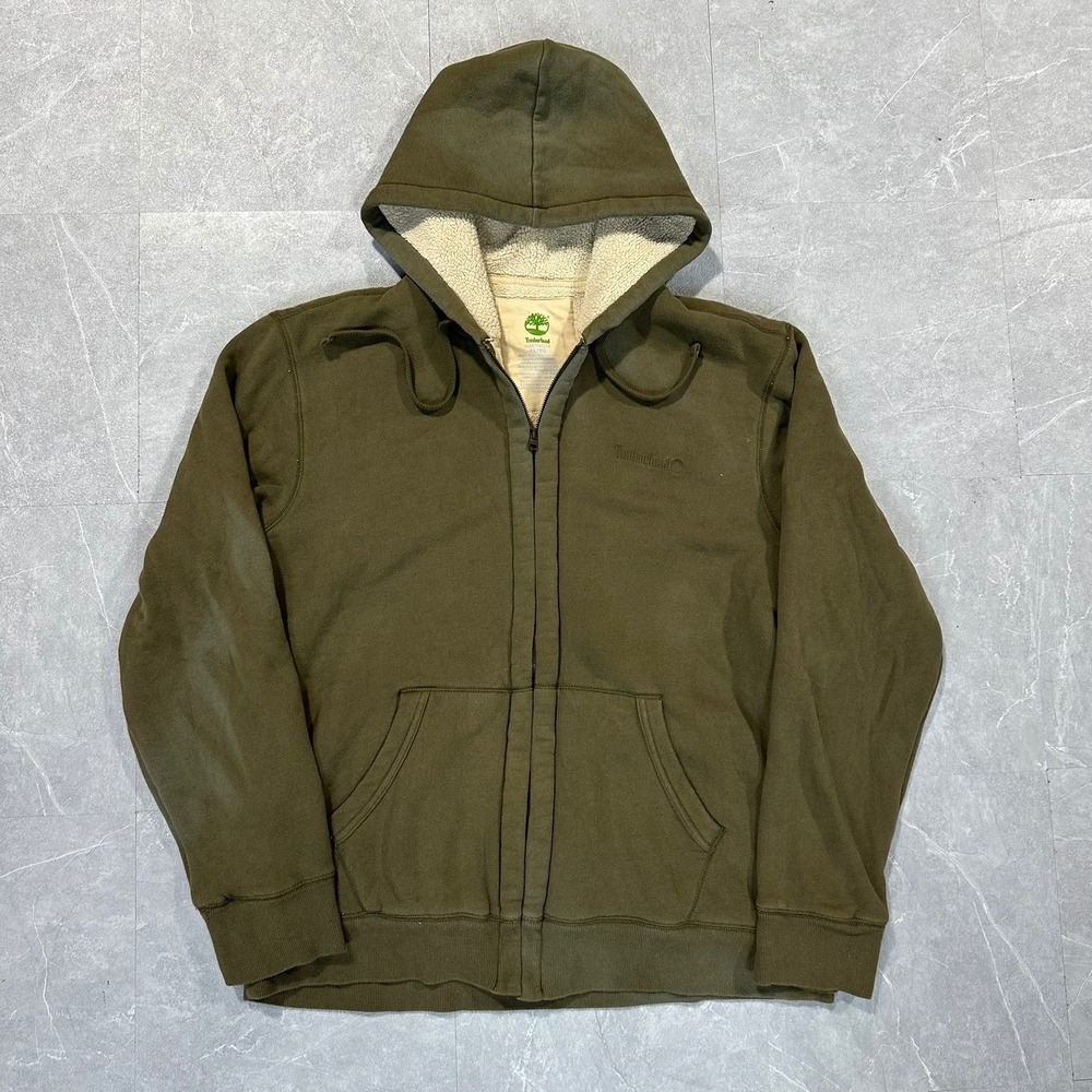 Timberland Mens XL Sherpa Lined Full Zip Hoodie Olive Green Heavyweight Jacket